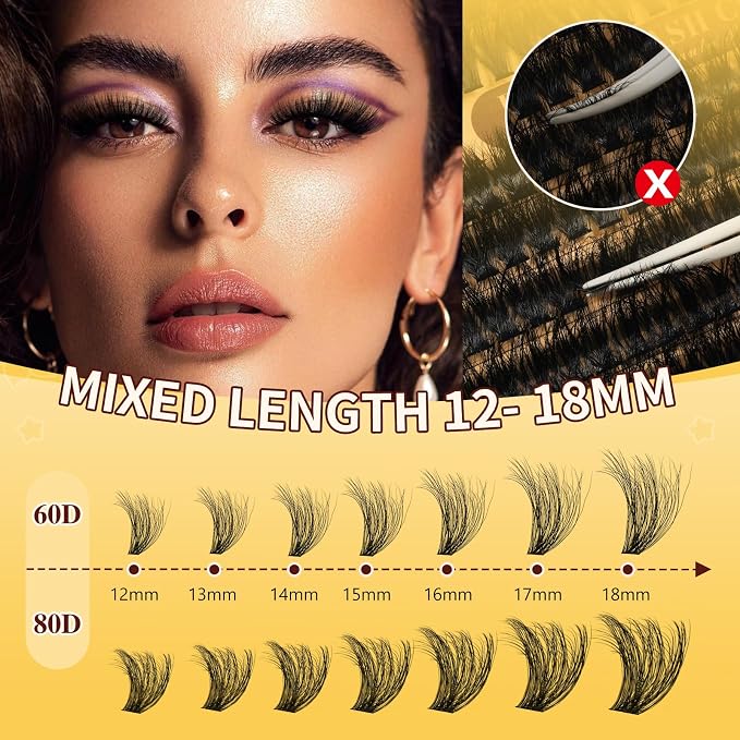 QUEWEL Lash Clusters Kit, 320Pcs 60D+80D Lash Cluster Eyelash Extensions | 12-18mm Lash Clusters Kit with Lash Bond and Seal and Lash Tweezers Easy DIY at Home(60+80D 3D Kit)