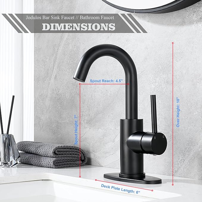 Black Bar Faucet Single Hole, Jodulos Black Matte Bar Sink Faucet with Deck Plate and Supply Lines, Stainless Steel Single Handle Wet Bar Sink Faucet, Matte Black Bathroom Faucet JU1100-BK