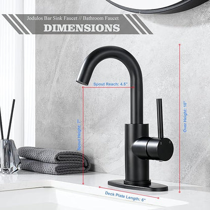 Black Bar Faucet Single Hole, Jodulos Black Matte Bar Sink Faucet with Deck Plate and Supply Lines, Stainless Steel Single Handle Wet Bar Sink Faucet, Matte Black Bathroom Faucet JU1100-BK