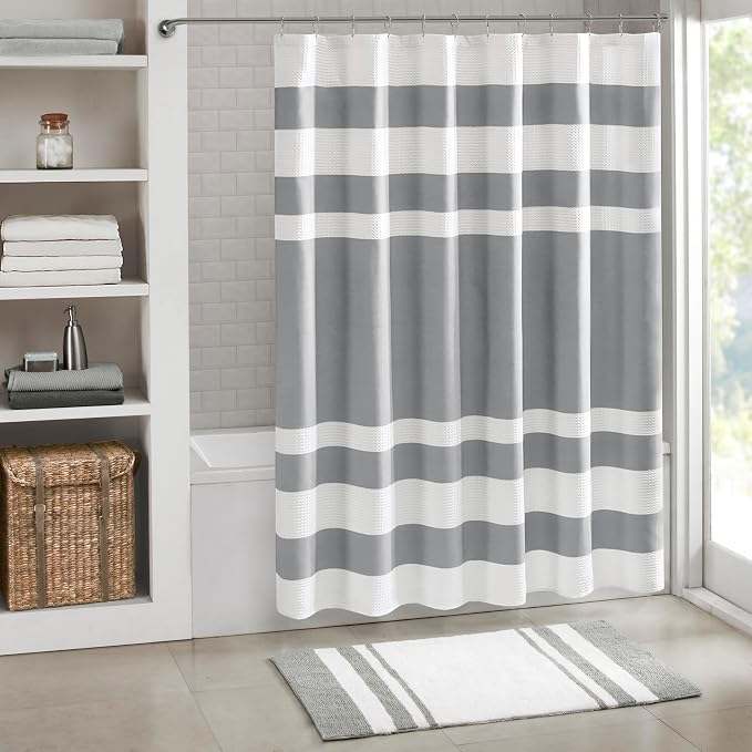 Madison Park Spa Waffle Shower Curtain for Bathroom, 72 x 72, Grey | Striped, Pieced Fabric Design, 3M Scotchgard Moisture Management, Hotel Quality, Modern, for Bathroom, OEKO-TEX Certified