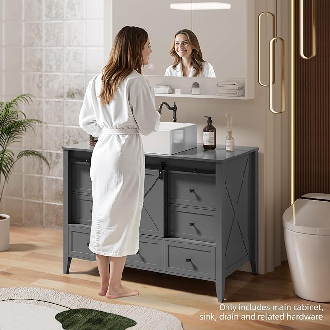 VNN Bathroom Vanity with Sink - 48 Inch Bathroom Vanity with Sink Ceramic, Freestanding Cabinet with Farmhouse Sliding Barn Door and 7 Drawers, Space-Saving Storage Cabinet, Grey