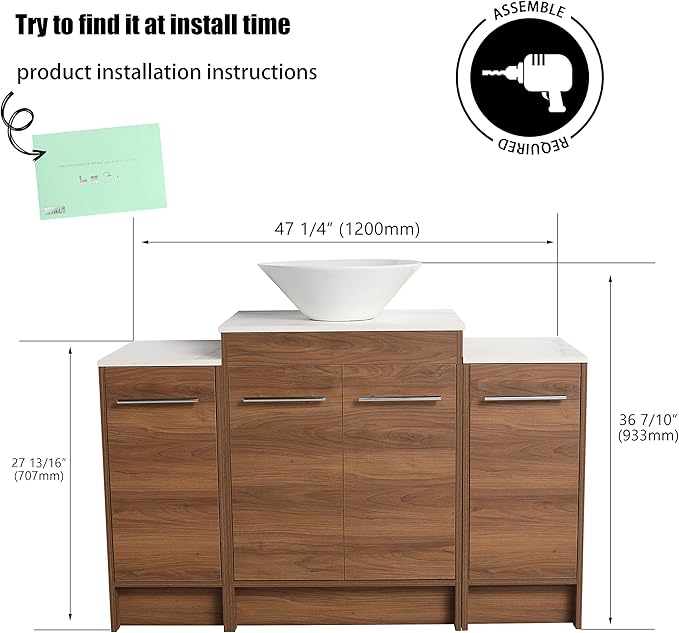 48" Bathroom Vanity, 48 Inch Freestanding Vanity with Ceramic Vessel Sink, Modern Single Sink Bathroom Vanity Combo, Brown Floor Standing Storage Cabinet Set with Soft-closing Design (BRE217, 48*18)