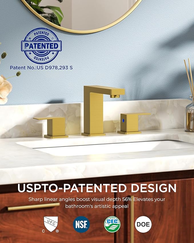 FORIOUS Gold Bathroom Faucet 3 Hole, Square 2 Handle 8 in Widespread Brushed Gold Bathroom Sink Faucet 3 Hole with Metal Drain, 24" CUPC Supply Lines and Spare Aerator, Vanity Sink Remodel