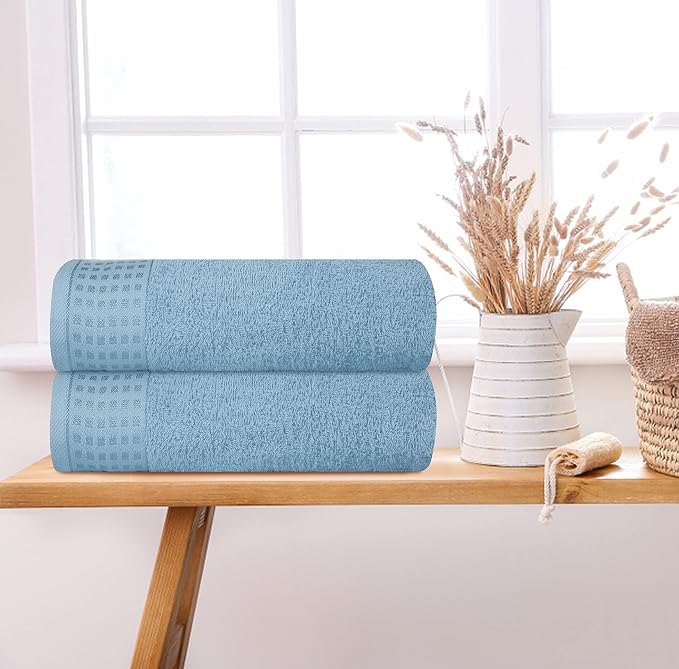 GLAMBURG 100% Cotton 2 Pack Oversized Bath Towel Set 28x55 Inches, Ultra Soft Highly Absorbant Compact Quickdry & Lightweight Large Bath Towels, Ideal for Gym Travel Camp Pool - Sky Blue