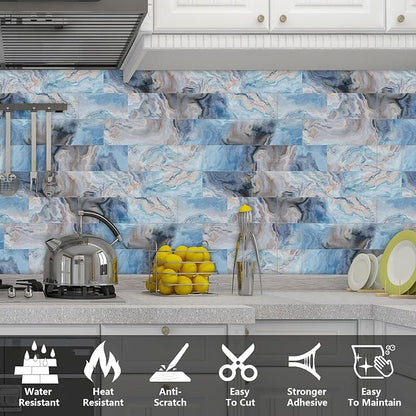 URCOLOR 64-Piece Peel and Stick Backsplash Wall Tile, 4"x 8" PVC Glossy Blue Marble Stick on Subway Tiles for Kitchen, Bathroom, Laundry Room, Camper, Fireplace