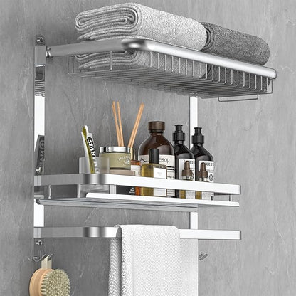 Foldable 23.22 Inch Rowel Rack Wall Mounted with Bathroom Shower Shelves Stainless Steel Towel Bar Without Drilling and Screw Installation (Silvery)