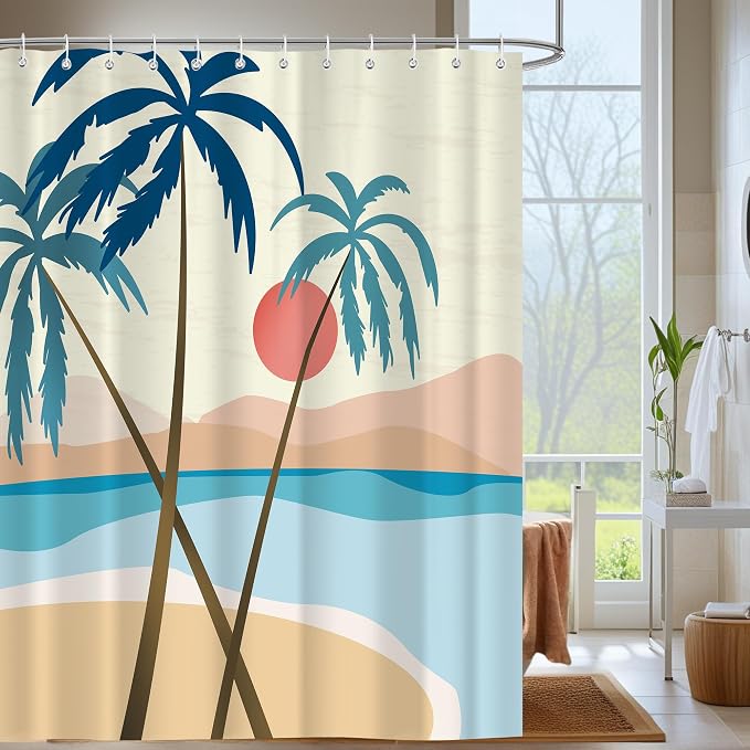 Beach Shower Curtain, Summer Boho Tropical Palm Tree Sunset Mid Century Abstract Modern Bathroom Decor, Waterproof Fabric Polyester Bathroom Curtain with 12 Hooks 72x72 in
