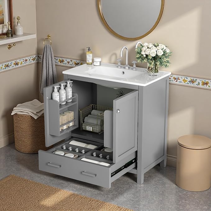 30" Freestanding Bathroom Vanity with Sink, Floor Stand Bathroom Storage Cabinet with Ceramic Sink, Doors with Double-Layered Storage Shelves, Modern Compact Vanity with Divided Drawer, Gray