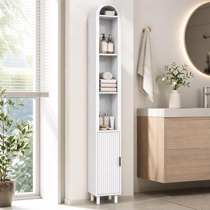 Narrow Bathroom Storage Cabinet, Tall Arched Small Wood Cabinet, Slim | Mid Century Modern White Towel Cabinet, Fluted Doors, 4 Tier Shelves, Wooden Display Cabinet for Living Dining Room, Skinny
