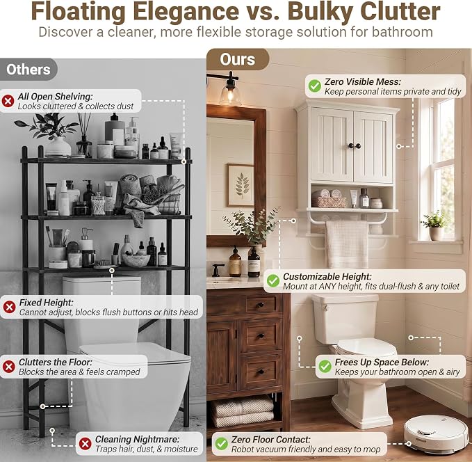 Besiost Farmhouse Bathroom Wall Medicine Cabinet with Removable Towel Bar | Over Toilet Storage Organizer, 7.9" Slim Profile, 100 Lbs Capacity, Adjustable Shelf, Soft Close Hinges Door, White