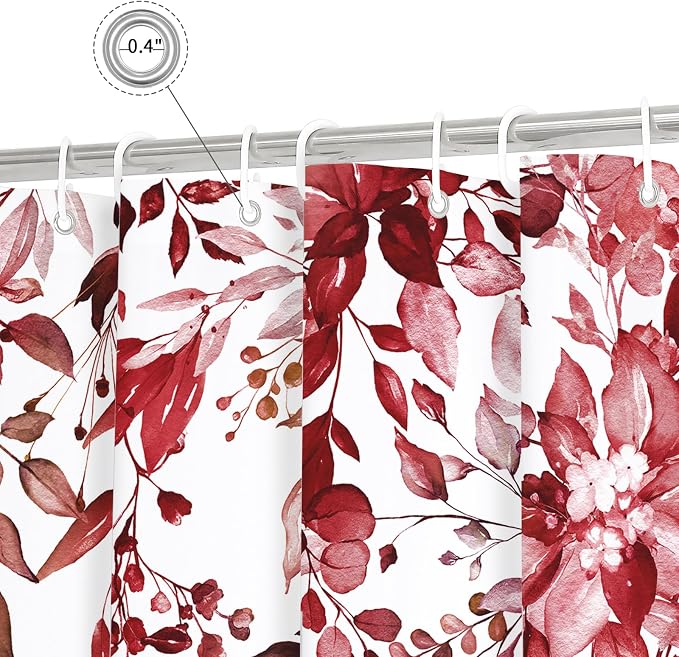 Burgundy Eucalyptus Shower Curtain, Watercolor Floral Print, 72x84 | Watercolor Plant Leaves Floral Print, Waterproof Fabric Bathroom Decor, Machine Washable, Rustproof Grommets