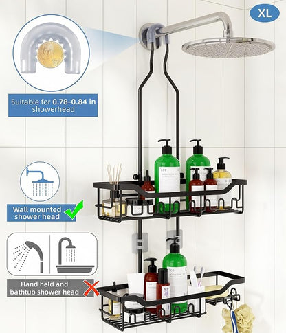 Shower Caddy Hanging Organizer, Extra Large Rack Over Showerhead with Hooks, Adjustable Height Shower Caddy for Big Shampoo Bottle, Black