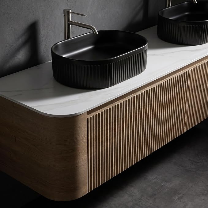 72" Preassembled Double Floating Bathroom Vanity with Black Sink, Oak | Mid-Century Modern Style, Fluted & Soft-Close Drawer with U-shaped Wall, Sinterted Stone Countertop, Towel Rack Included