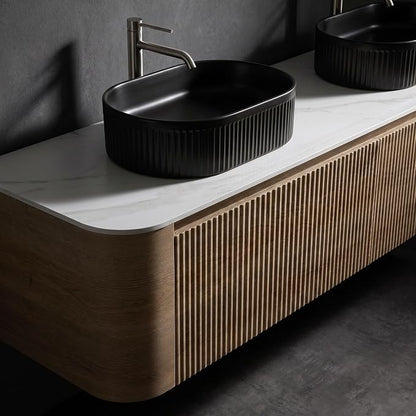 72" Preassembled Double Floating Bathroom Vanity with Black Sink, Oak | Mid-Century Modern Style, Fluted & Soft-Close Drawer with U-shaped Wall, Sinterted Stone Countertop, Towel Rack Included