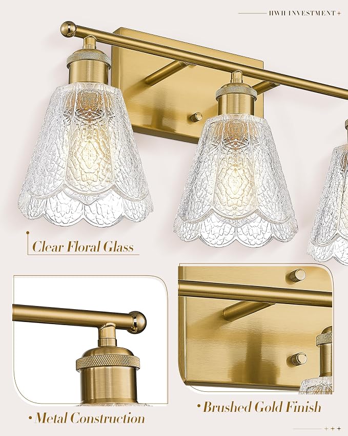 HWH 3-Light Bathroom Wall Sconces, Clear Floral Glass, 5HJX110B-3W BG | Brushed Gold Finish, 20 Inch Bathroom Vanity Light for Bedroom, Sconce Wall Lighting, Standard E26 Bulb Socket, For Foyer
