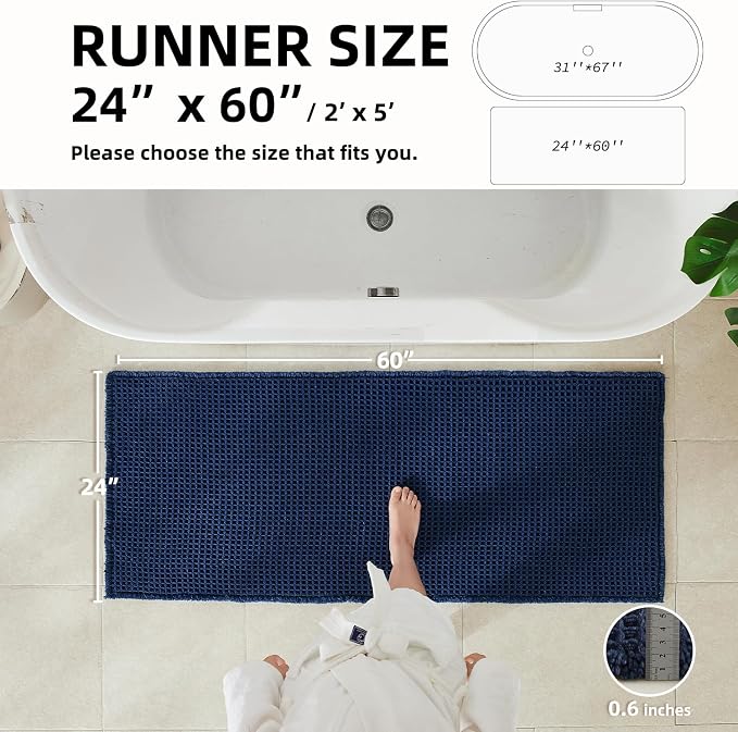 TYUU Waffle Runner Rug Bathroom, Long Boho Bath Mat, 60x24 Navy Blue | Super Absorbent Quick Dry Bath Rug, Non-Slip Backing, Soft Waffle Washable Farmhouse Bathroom Mats, Tub, Shower & Home Decor
