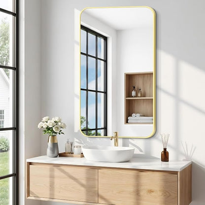 BONEWEI Gold Bathroom Mirror,24x40 inch Wall Mirror for Bathroom Wall Mounted,Round Rectangle Mirror for Bathroom Over Sink,Modern Frame for Home Decor Living Room,Bedroom Entryway,Horizontal/Vertical