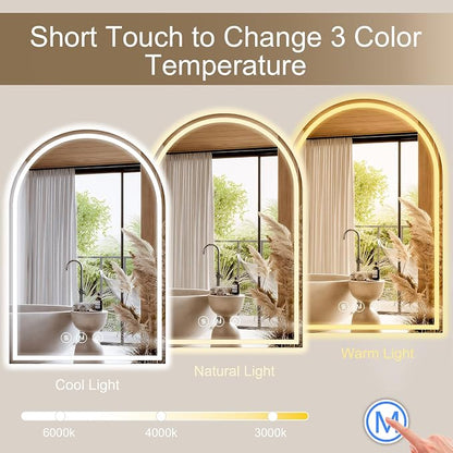 Arched LED Bathroom Mirrors with Lights 30"x40" Anti-Fog,LED Mirrors with Light, Anti-Fog, Dimmable, 3 Color, Shatterproof, Touch Sensor