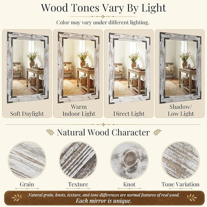 Distressed White 30x40 Inch Wood Bathroom Vanity Mirror, Rivets | Farmhouse style, layered whitewashed grain, larger vanities, dressers, dining areas and entry consoles