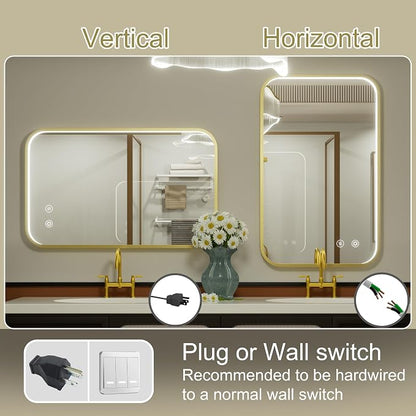 24x36 Inch Gold LED Bathroom Mirror with Lights,3000K/4500K/6000K | Stepless Dimmable, Anti-Fog, Memory Funtion, Aluminum Frame Wall Mount Lighted Bathroom Vanity Mirror, ETL Listed, Waterproof