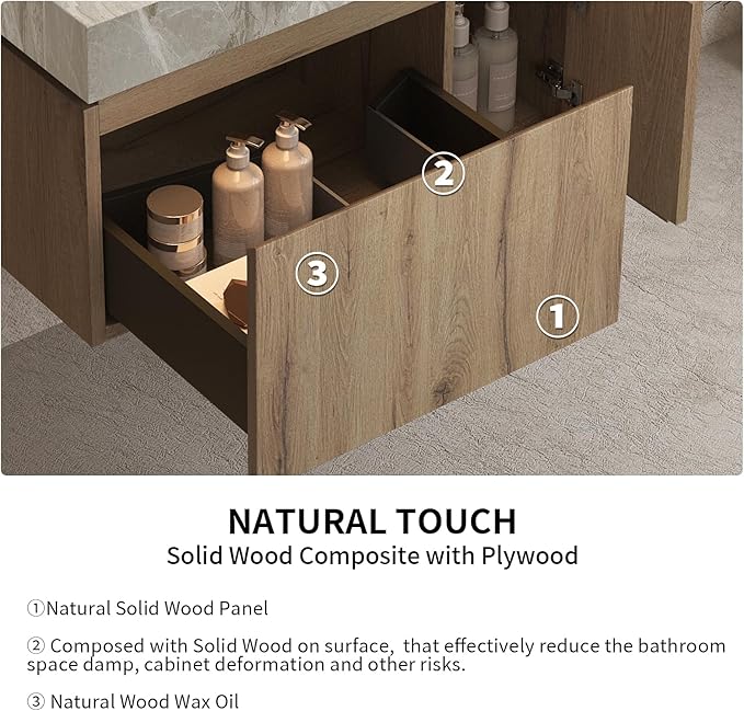 LKTART Floating 30 Inch Bathroom Vanity with Sink, Modern Plywood Wall Mounted Bathroom Storage Cabinet with 1 Door and 1 Drawer, Roma Travertine-Pattern Sintered Stone Countertop and Ceramic Basin