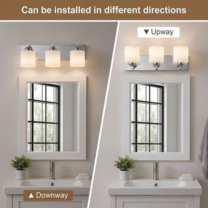 mirrea 3-Light Chromed Bathroom Vanity Light with White Glass Shades | Over Mirror,Wall Sconce,ETL listed,Bathroom Lighting Fixtures,Elegant Design,Milk White Glass Shade,Easy Installation