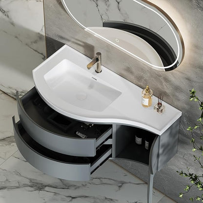 KunMai 35.4" Modern Floating Bathroom Vanity with Sink, Wall Mounted Stone Resin Top Vanity Cabinet with Storage Drawers & Door, White Wall Hung Vanity for Small Bathrooms