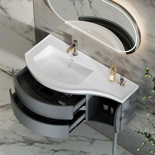 KunMai 35.4" Modern Floating Bathroom Vanity with Sink, Wall Mounted Stone Resin Top Vanity Cabinet with Storage Drawers & Door, White Wall Hung Vanity for Small Bathrooms