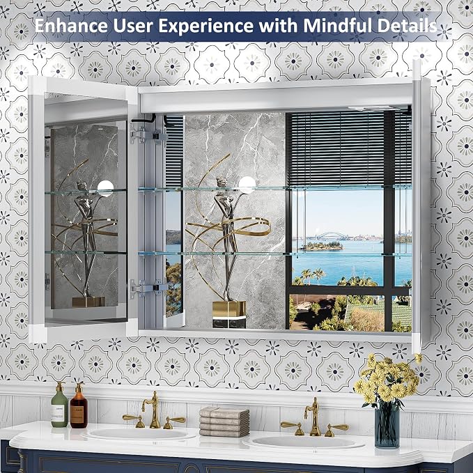 ACEMIRO 36"×30" Lighted Medicine Cabinet with Mirror, Surface or Recessed Bathroom Mirror Medicine Cabinet with Clock & Temp Display, Defogger, Dimming, Built-in Outlet & USB Ports, Double Door