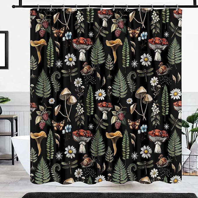 GOAOK Vintage Mushroom Boho Shower Curtain, Magic Fairy Witchy Woodland Nature Plant Shower Curtain Set, Hippie Botanical Floral Aesthetics Fabric Waterproof Shower Curtain 72"x84" Black