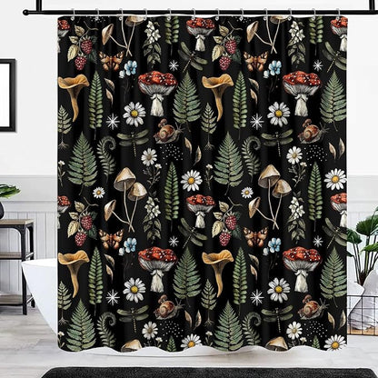 GOAOK Vintage Mushroom Boho Shower Curtain, Magic Fairy Witchy Woodland Nature Plant Shower Curtain Set, Hippie Botanical Floral Aesthetics Fabric Waterproof Shower Curtain 72"x84" Black