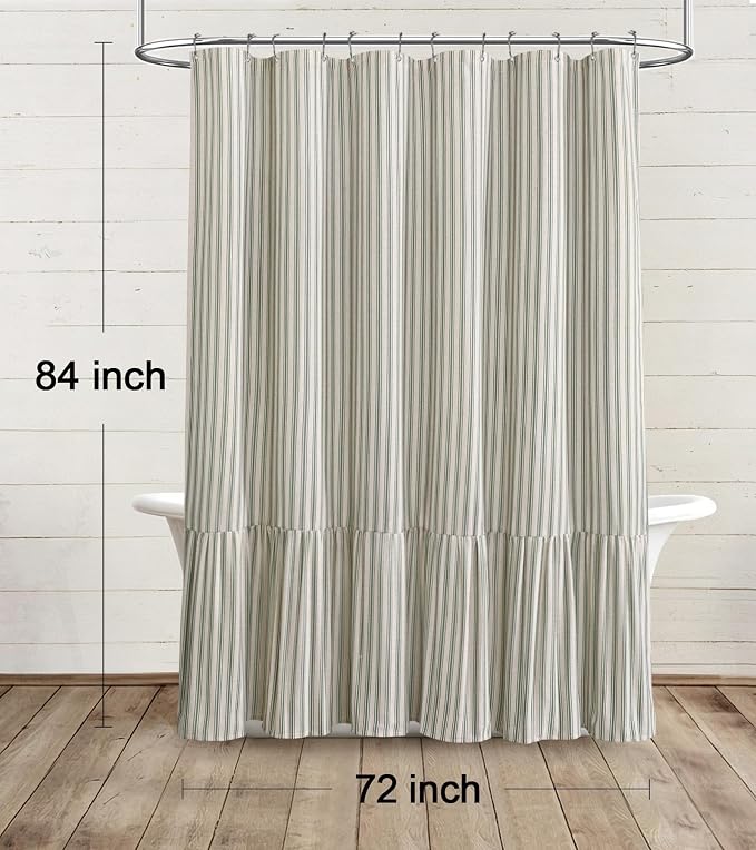 Farmhouse Shower Curtain Ruffle Linen Cream-Green Stripe 72"W x 84"L | Farmhouse Boho, Striped, Bottom Ruffle, Linen Fabric, Rustic, Country, Natural Look, Washable, for Bathroom Bathtub