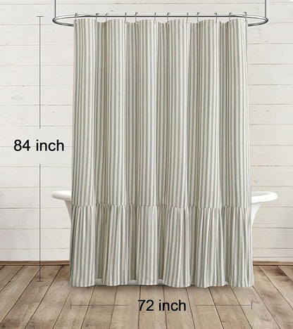 Farmhouse Shower Curtain Ruffle Linen Cream-Green Stripe 72"W x 84"L | Farmhouse Boho, Striped, Bottom Ruffle, Linen Fabric, Rustic, Country, Natural Look, Washable, for Bathroom Bathtub