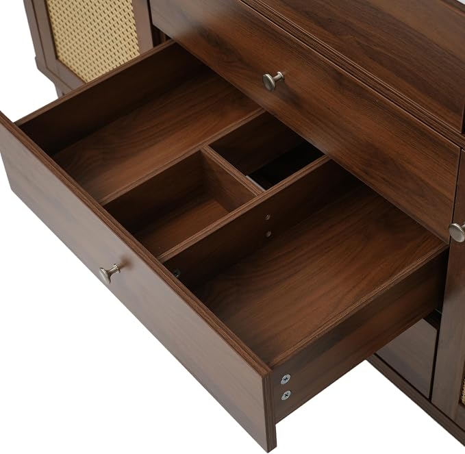 60 Inch Brown Bathroom Vanity with Single Sink,Large Rattan Bathroom Vanity with Spacious Countertop & Deep SMC Sink,with 5 Drawers & 2 Soft Closing Doors,Silver Knobs,Woven Front,8 in Faucet Hole