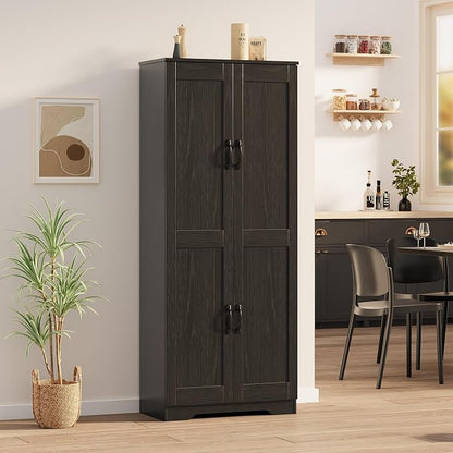 Garvee Tall Pantry Cabinet, 60" Kitchen Storage Cabinet with 2 Doors & Adjustable Shelves, Freestanding Wooden Cupboard for Bathroom，Dining Room, Living Room, Black | Kitchen Storage Cabinet with 2 Doors & Adjustable Shelves, Wooden Cupboard for Bathro...
