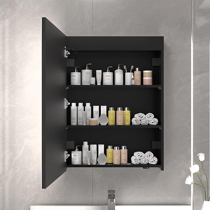32x24inch LED Medicine CabinetMirror with Lights for Bathroom,Defogger,Stepless Dimmable,3000K/5500K ColorTemperature Wall Mounted MakeupMirror,AdjustableShelf (Assembly Required), Black