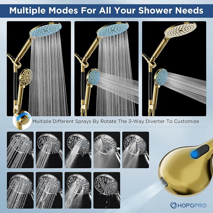 Dual Filtered Handheld Shower Heads Combo, HOPOPRO 15-Mode High Pressure Rainfall Showerheads Combo Set with Filter, for Hard Water, Removes Chlorine, Improves Skin Hair Condition, Modern Gold