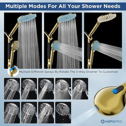 Dual Filtered Handheld Shower Heads Combo, HOPOPRO 15-Mode High Pressure Rainfall Showerheads Combo Set with Filter, for Hard Water, Removes Chlorine, Improves Skin Hair Condition, Modern Gold