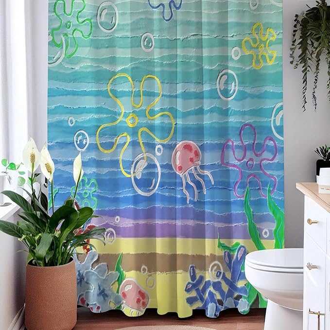 Cute Beach Ocean Anime Under Sea Jellyfish Shower Curtain Set 72x72 Inches | Ocean Jellyfish Coral Under Sea Print, Beach Apartment Kids Guest Housewarming Ocean Lover Bath Decor, With Fabric Hooks