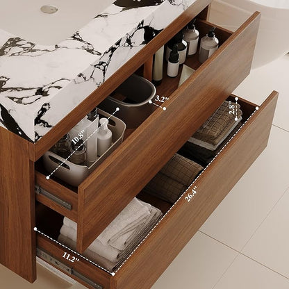 30 inch Modern Floating Bathroom Vanity with Faux Marble Countertop and Ceramic Sink, Wall-Mounted Bathroom Vanity Cabinet with 2 Soft Closing Drawers for Bathroom, Powder Room, Apartment, Walnut