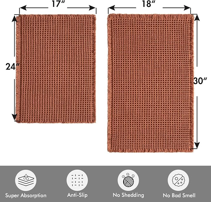 MIULEE Fall Rust Set of 2 Waffle Bathroom Rugs Boho Mat 17"x24"+18"x30" | Non Slip, Super Absorbent, Washable, Ultra Soft, Rubber Backed, Small Bath Rugs for Bathroom Floor Tub Shower
