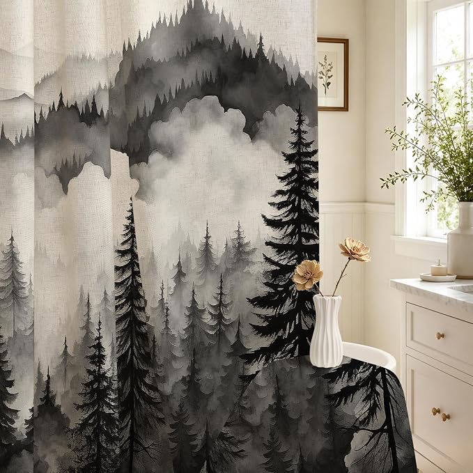 Litabel Black Linen Misty Pine Forest Shower Curtain, Mountain Foggy Woodland Cotton Shower Curtains for Chic Rustic Bathroom, Abstract Modern Waterproof Nature-Themed Decor, 72 x 72