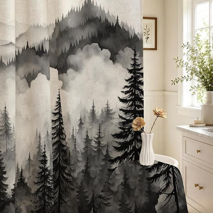 Litabel Black Linen Misty Pine Forest Shower Curtain, Mountain Foggy Woodland Cotton Shower Curtains for Chic Rustic Bathroom, Abstract Modern Waterproof Nature-Themed Decor, 72 x 72