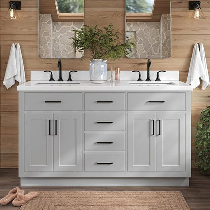 ARIEL Hepburn 60-inch Bathroom Vanity with Sink,Solid Wood, 1.5-inch Pure White Quartz Countertop & Backsplash, Double Rectangular Porcelain Sink, 4 Soft Closing Doors, 6 Dovetail Drawers, Grey