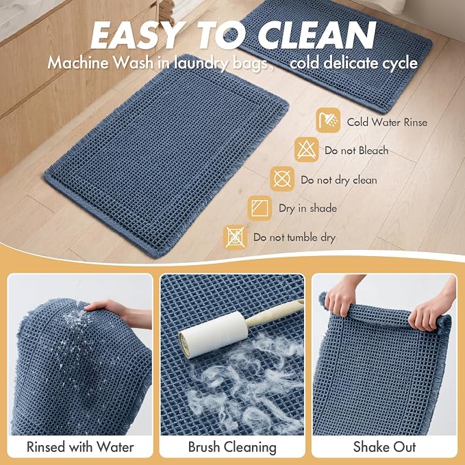 MIULEE Set of 2 Waffle Bathroom Rugs Bordered Bath Mat Blue 18x30 Inch | Non Slip, Super Absorbent, Washable, Ultra Soft, Rubber Backed Bath Rugs for Bathroom Floor Tub and Shower, Boho Decor