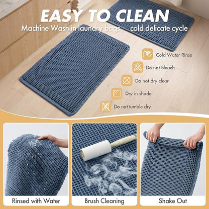 MIULEE Set of 2 Waffle Bathroom Rugs Bordered Bath Mat Blue 18x30 Inch | Non Slip, Super Absorbent, Washable, Ultra Soft, Rubber Backed Bath Rugs for Bathroom Floor Tub and Shower, Boho Decor