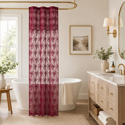 YJ YANJUN Burgundy Lace Stall Shower Curtain 36 x 72 Inch, Vintage Floral | Victorian Narrow Shower Curtain with Attached Valance, Sheer Privacy for RV, Apartment, Guest and Small Bathroom Décor 1Panel