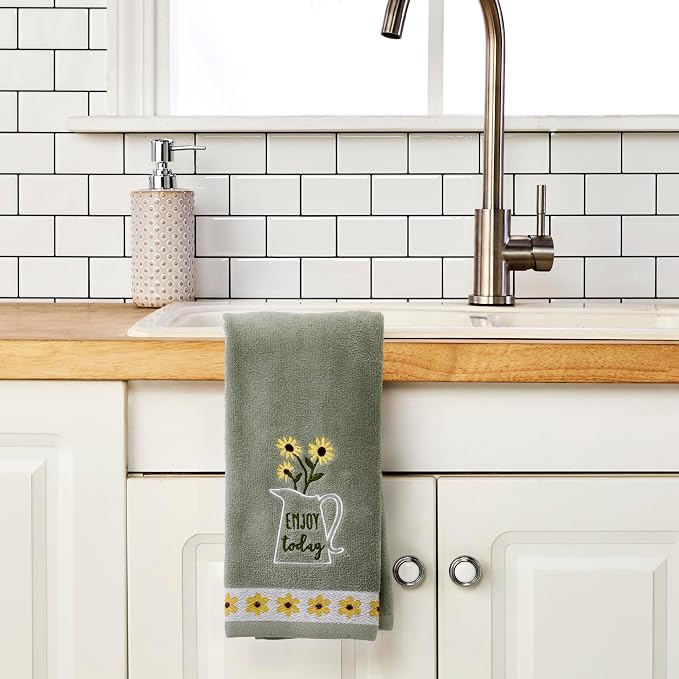 SKL Home Enjoy Hand Towel Set-2pc, 100% Cotton, Embroidered, Gray | Soft, decorative velour. Can be used in the bathroom, kitchen, bar, or any sink space & makes a great gift.