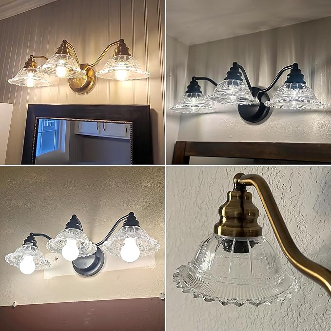 Redluck Vintage Bathroom Vanity Light Fixture, 3-Light Bathroom Lighting Fixtures Over Mirror, Antique Brass Finish with Green Crystal Glass Shade, Wall Sconces Lighting for Bedroom, Living Room