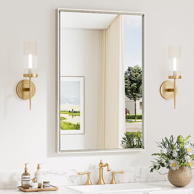 Keonjinn 24 x 36 Inch Brushed Nickel Bathroom Mirrors for Wall, Metal Frame | Anti Rust, Rectangular Mirrors for Bathroom Sink, Farmhouse Bathroom Vanity Mirror, Safety HD Tempered Glass, Square Corner